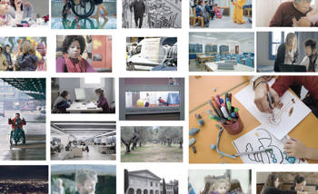 Collage of various small photographs, some showing faces and others landscapes